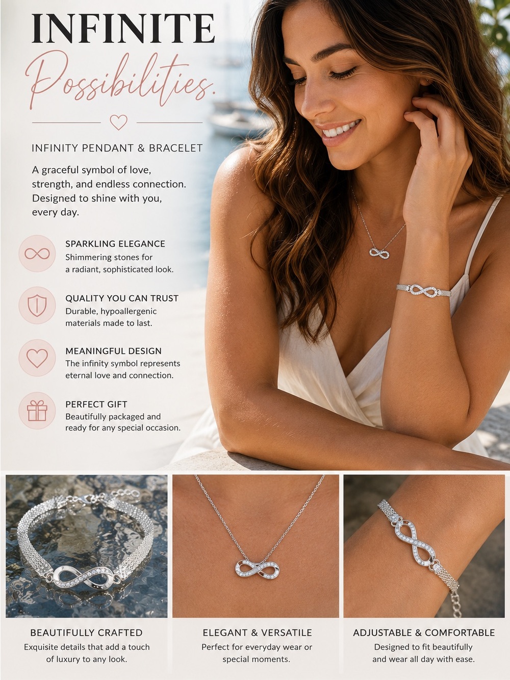 Silver Infinity Charm Bracelet with Crystal Accents - Women Jewelry